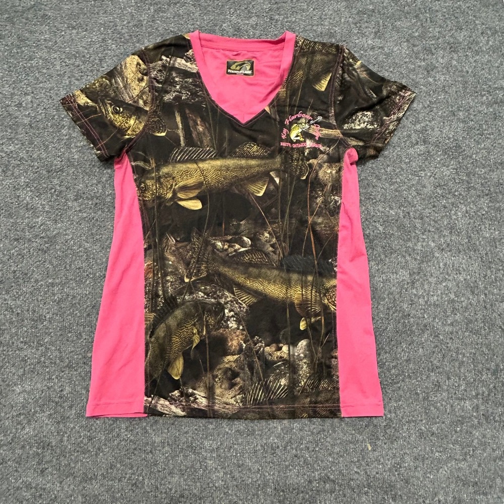 Fishouflage Shirt Womens Size Medium Pink Walleye Camo V-Neck Short Sleeve Tee
